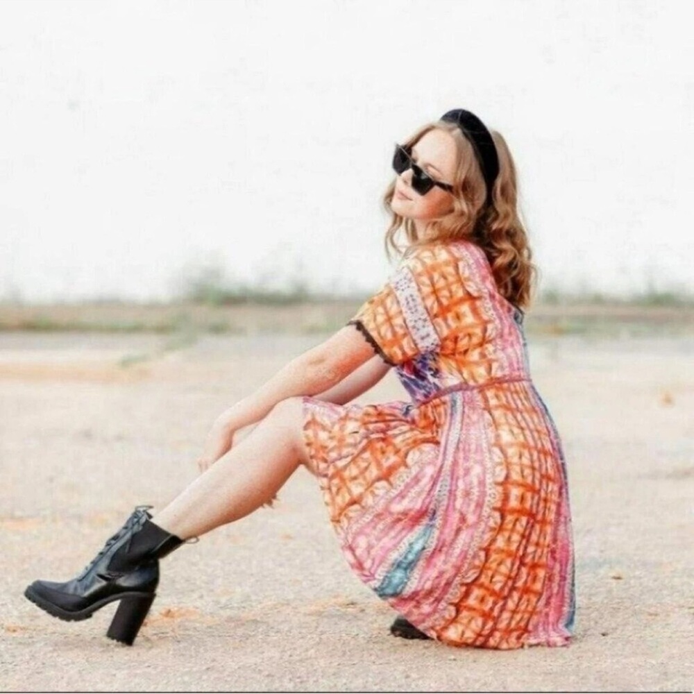 Tie-Dye Short Sleeve Midi Dress - Orange & Pink